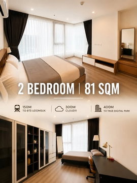 2 ห้องนอน | 2 ห้องน้ำ | BTS Udom Suk | 80.25 ตร.ม. | 60,000 บาท/เดือน | ชั้น 26 — Ideo Mobi Sukhumvit 66 กรุงเทพฯ