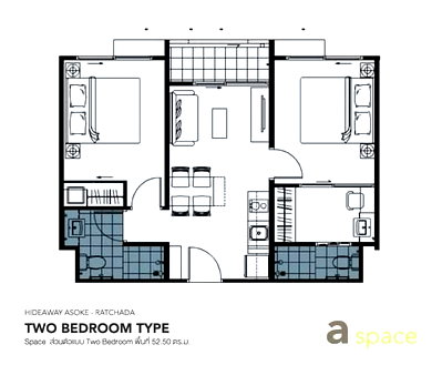 คอนโดให้เช่า : 2 ห้องนอน | 2 ห้องน้ำ | MRT Phra Ram 9 | 52 ตร.ม. | 20,000 บาท/เดือน | ชั้น 7 — A Space Hideaway Asoke-Ratchada กรุงเทพฯ
