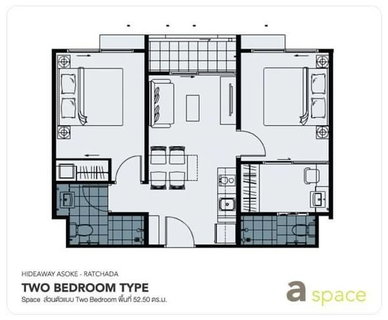 รูปภาพ 2Bed | 2Bath | MRT Phra Ram 9 | 52sqm | THB 20,000/mo | Fl.7 — A Space Hideaway Asoke-Ratchada Bangkok