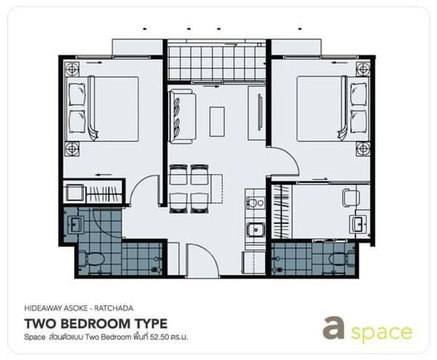 2Bed | 2Bath | MRT Phra Ram 9 | 52sqm | THB 20,000/mo | Fl.7 — A Space Hideaway Asoke-Ratchada Bangkok
