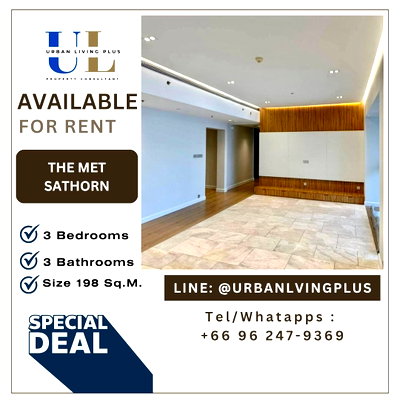 คอนโดให้เช่า : ( UL2312221 ) รีโนเวทใหม่ ✨ Tel/Line 096-247-9369✨ สำหรับเช่า คอนโด เดอะเมท สาทร 3 ห้องนอน 4 ห้องน้ำ 1 ห้องแม่บ้าน ขนาด 198 ตร.ม. ห้องใหม่ ชั้นสูง!!