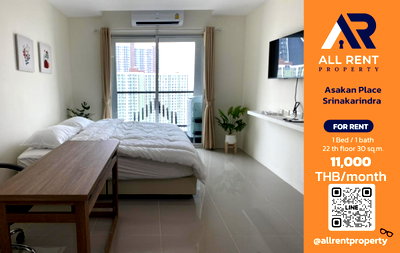 Condos for rent : 🏙️ Asakan Place Srinakarindra ✨ Studio unit, 30 sq.m. ✨ High floor with an open view 💰 Rent: Only 11,000 Baht/month