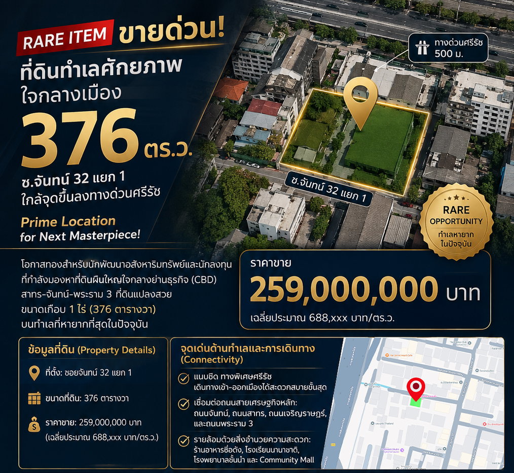 รูป 🚨 [RARE ITEM] ขายด่วน! ที่ดินทำเลศักยภาพใจกลางเมือง 376 ตร.ว. ซ.จันทน์ 32 แยก 1 ใกล้จุดขึ้นลงทางด่วนศรีรัช   - รูปที่ 2/7