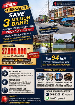 🎯 [HOT DEAL]  Land in a prime location! next to Sukhumvit-Chonburi Road (Rare Item), an opportunity that investors must grab!