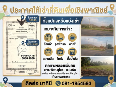 ให้เช่าที่ดิน 12 ไร่ทำเลศักยภาพ ติดถนนพิษณุโลก เด่นชัย