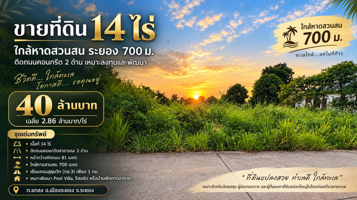 รูป ขายที่ดินเสมอถนน ไม่ต้องถม 14 ไร่ ใกล้หาดสวนสน ระยอง 700 m ติดถนนคอนกรีต 2 ด้าน ไฟฟ้า–ประปาพร้อม - รูปที่ 1/12