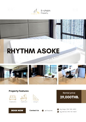 คอนโดให้เช่า : 🌆 ห้องมุม ชั้นสูง 2ห้องนอน ✨ Rhythm Asoke ✨ NO-041