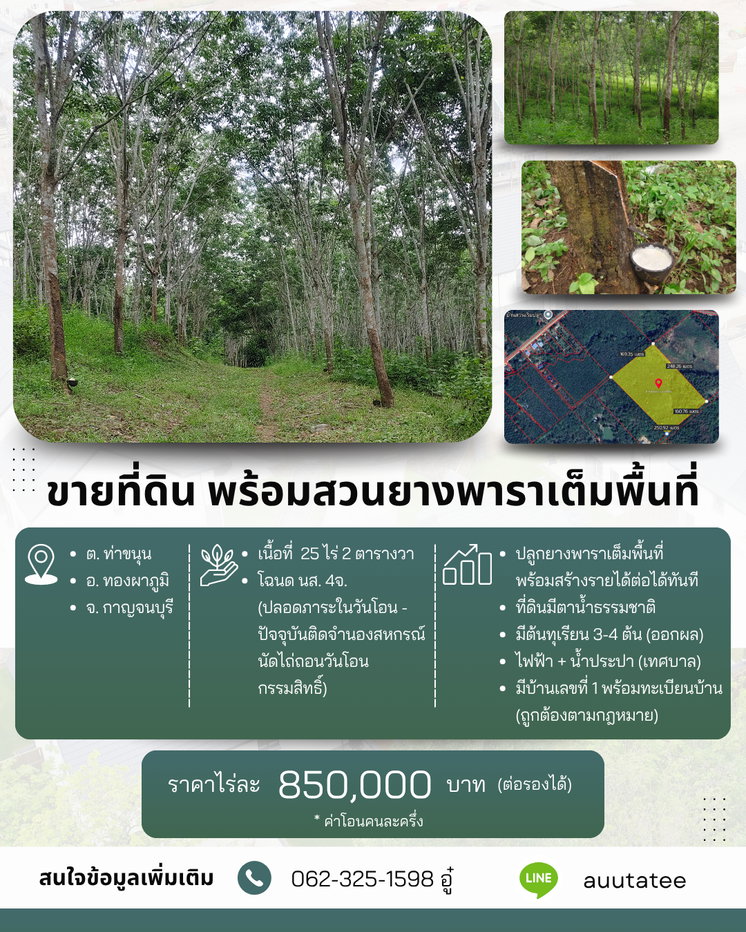 รูป ขายที่ดินทองผาภูมิ 25 ไร่ 2 ตารางวา โฉนดครุฑแดง (น.ส.4 จ.) พร้อมสวนยางกรีดได้ทันที - รูปที่ 1/15