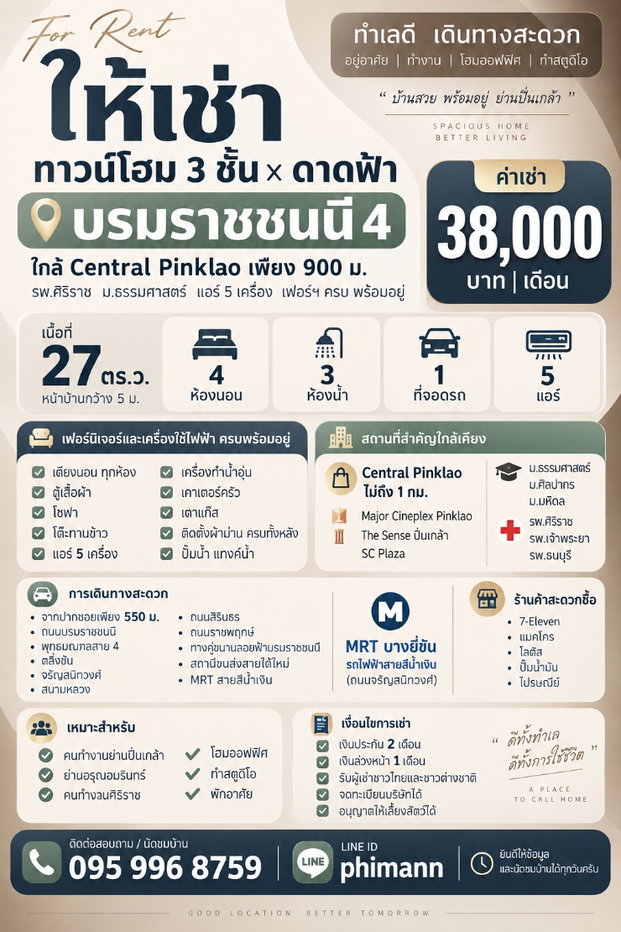 รูป ให้เช่า ทาวน์โฮม 3 ชั้น 27 ตร.ว. บรมราชชนนี 4 ใกล้ Central Pinklao เพียง 900 ม. รพ.ศิริราช ม.ธรรมศาสตร์ แอร์ 5 เครื่อง เฟอร์นิเจอร์ครบ พร้อมอยู่ - รูปที่ 2/21