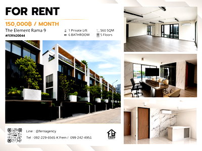 Home office for rent Bangkok : The Element Rama 9 |Exclusive 5 Storey Home Office for Rent 150,000/Month |560 Sq.m. |Private Elevator |8-Car Parking |1 Minute from The Nine Center