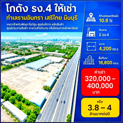 Land for rent Seri Thai Rode : 			Min Buri Market 2.2km. The Concreted land  warehouse. Ramintra Road Serithai Road  The factory has a          