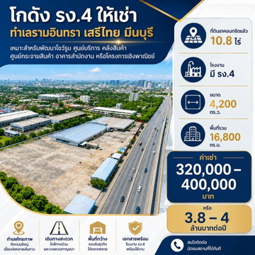 260915bjpnoeris ให้เช่า ที่ดิน ถนนรามอินทรา เสรีไทย ตลาดมีนบุรี 2.2 กม. ที่ดินเทคอนกรีตแล้ว โกดัง 10.8ไร่ โรงงาน มี รง.4 16,800 ตร.ม.