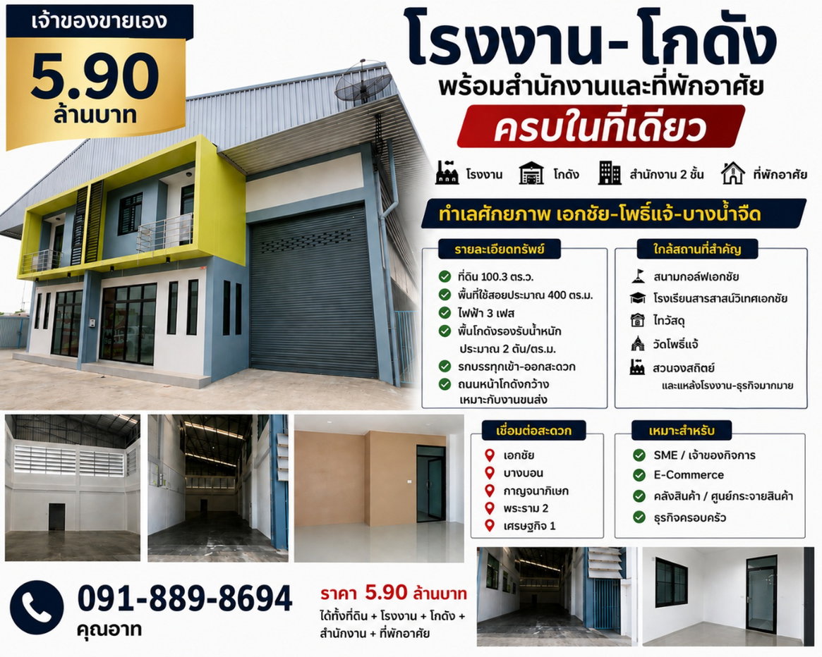 รูป ขายโรงงาน–โกดัง พร้อมสำนักงาน 100 ตร.ว. | เอกชัย–โพธิ์แจ้ 5.9 ล้าน - รูปที่ 1/16