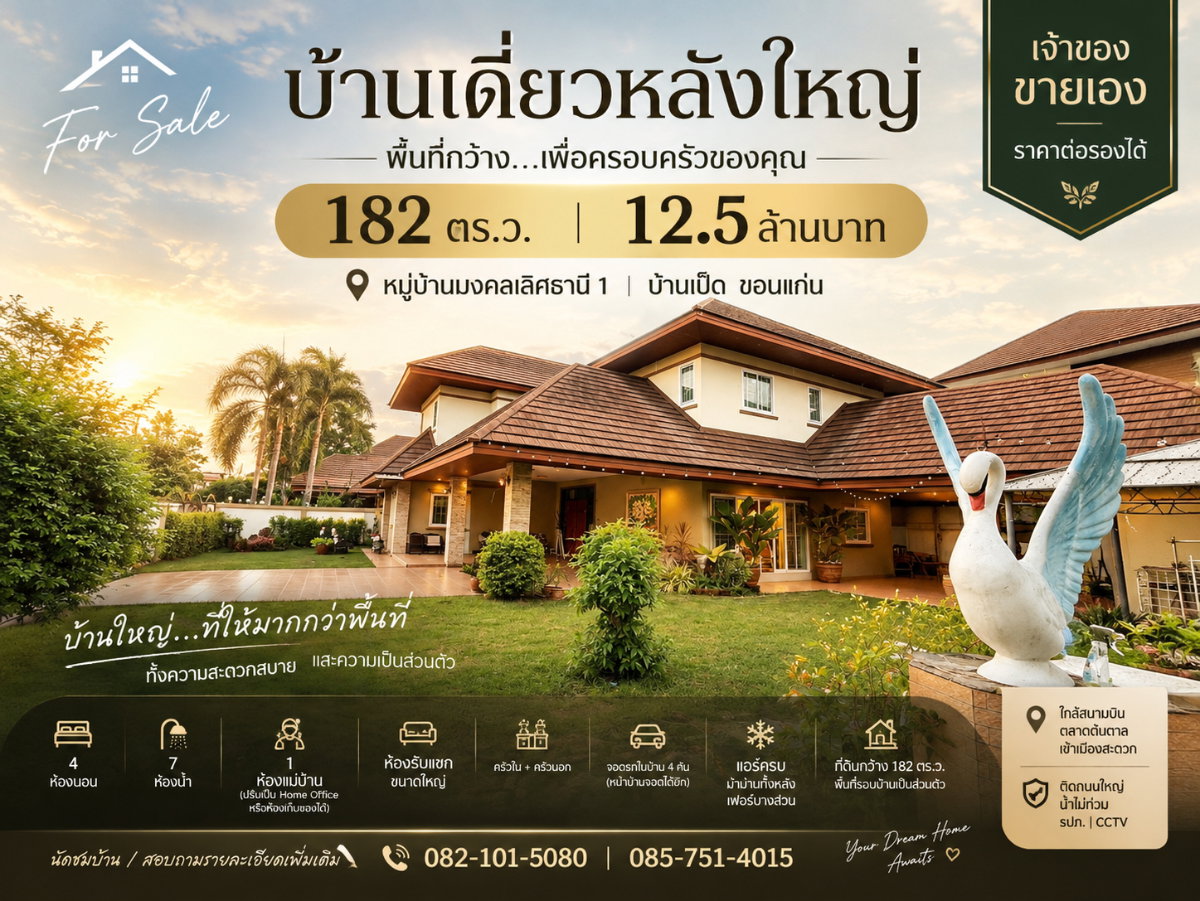 รูป 🏡 บ้านเดี่ยวหลังใหญ่ 182 ตร.ว. บ้านเป็ด ขอนแก่น | 4 ห้องนอน 7 ห้องน้ำ | เจ้าของขายเอง - รูปที่ 1/21