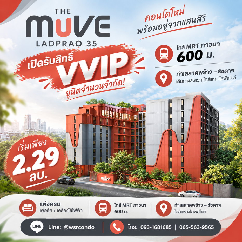 รูป เดอะ มูฟ ลาดพร้าว 35 เปิดรับสิทธิ์ VVIP ยูนิตจำนวนจำกัด! ใกล้ MRT ภาวนา 600 ม. ทำเลลาดพร้าว–รัชดาฯ เริ่ม 2.29 ลบ. Line: @wsrcondo โทร 093-1681685 - รูปที่ 1/3