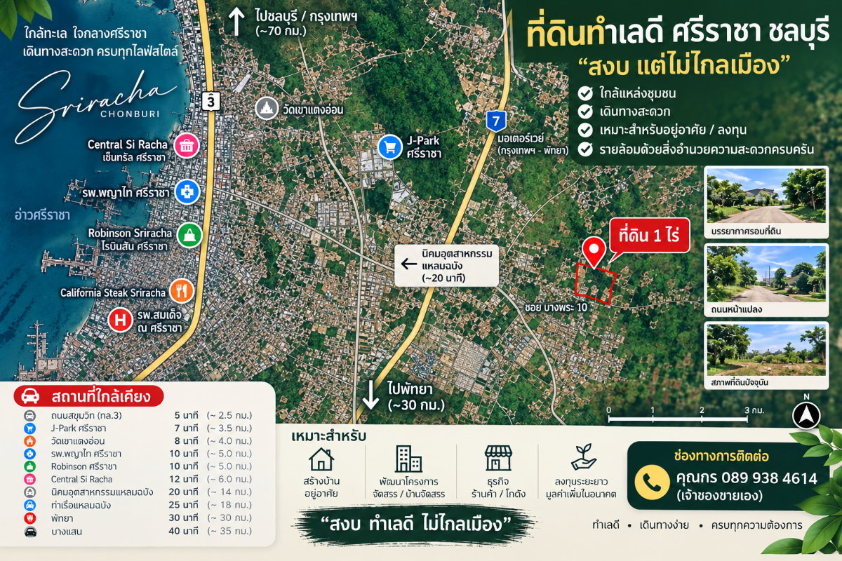 รูป ขายที่ดินศรีราชา 1 ไร่ 8 ล้านบาท เจ้าของขายเอง ทำเลดี ใกล้เมือง เดินทางสะดวก - รูปที่ 2/8
