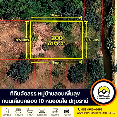 ที่ดิน หนองเสือ ปทุมธานี : ที่ดินเปล่าจัดสรร 200 ตารางวา หมู่บ้านสวนเพิ่มสุข (แปลงมุม) เลียบคลอง 10 ถนนรังสิต-นครนายก   ทำเลใกล้คลองส่งน้ำ เจรจาต่อรองได้