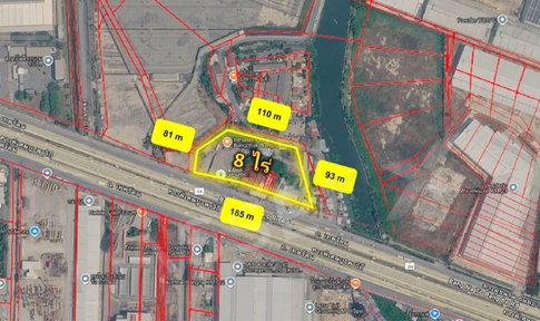 ขายที่ดิน🟣ผังสีม่วง 8 ไร่ ติดถนนบางนา–ตราด กม.23