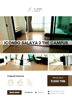 คอนโดให้เช่า : 🎓💛 ใกล้มหิดล ศาลายา! ห้องกว้าง ใช้ชีวิตสะดวก ✨ iCondo Salaya 2 The Campus ✨ NO-075