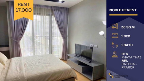 ✨ Noble Revent Open city view, fully furnished 1BR (36 sqm) by BTS/ARL Phaya Thai. 17k/mo. Prime location, book now!