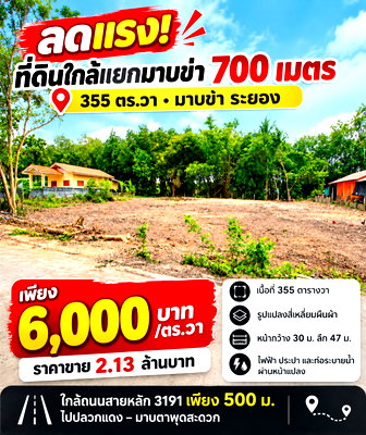 ที่ดิน นิคมซีพี ระยอง (ซีพีพีซี) : ลดแรง!ที่ดินใกล้แยกมาบข่า 700 เมตร 355 ตร.วา ขายเพียง 6,000 บาท/ตร.วา มาบข่า ระยอง