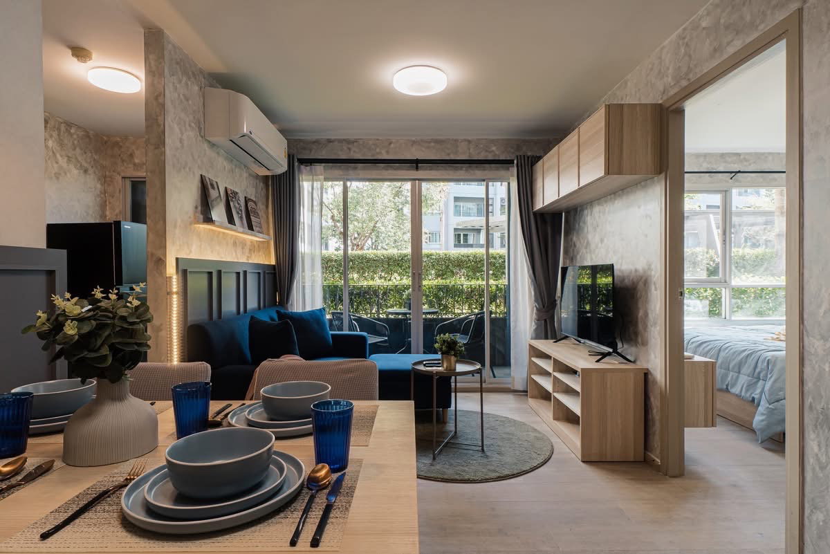 รูป คอนโด Elio Del Ray  Low Rise condo สไตล์รีสอร์ท ใกล้ BTS ปุณณวิถี ทรูดิจิตอลพาร์ค , Cloud 11 ห้องอยู่ ชั้น 1 ขนาด 45 ตารางเมตร  วิวสวน + สระ - รูปที่ 3/11