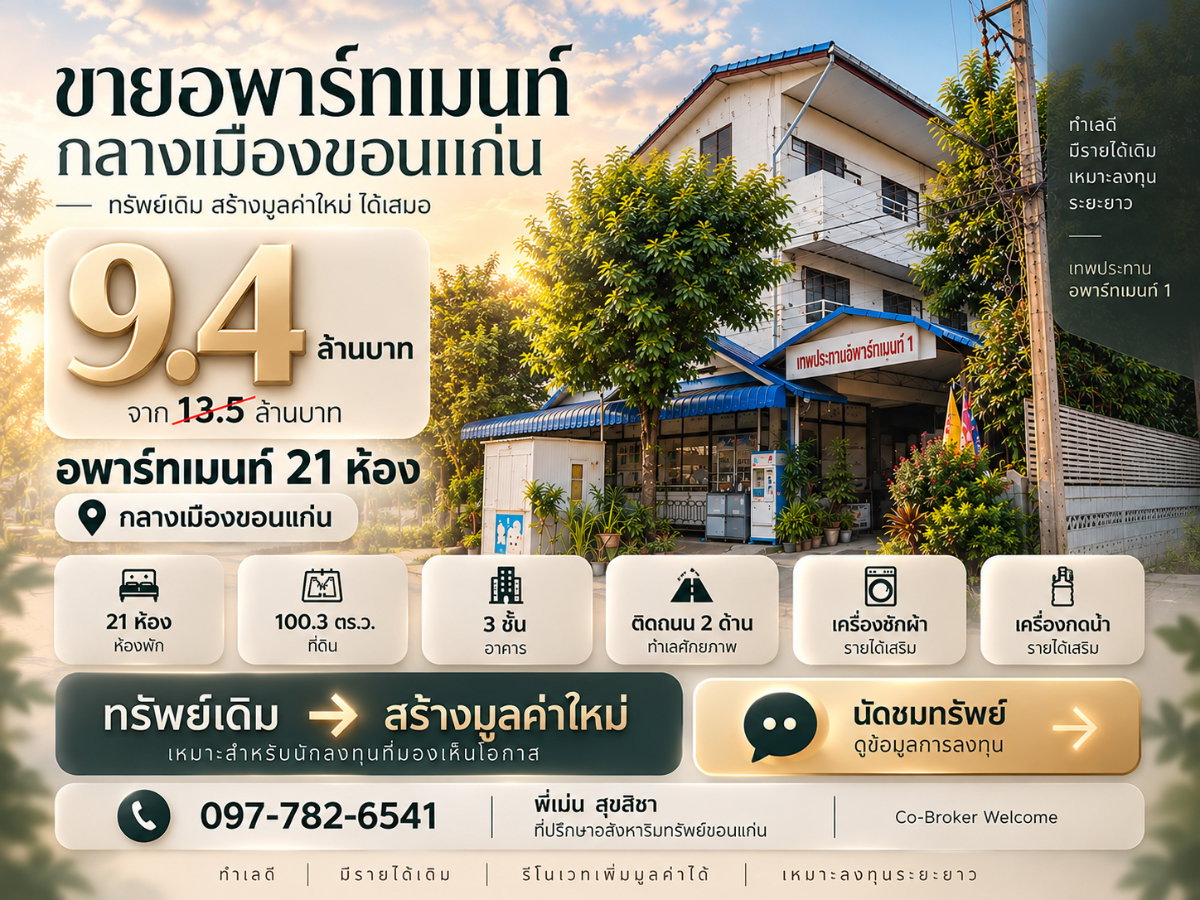 รูป ขายอพาร์ทเมนท์กลางเมืองขอนแก่น 21 ห้อง 100.3 ตร.ว. 9.4 ล้านบาท - รูปที่ 1/18