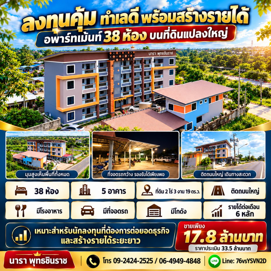 รูป 🔥 ขายเพียง 17.8 ล้านบาท! อพาร์ทเม้นท์พร้อมทำเงิน จ.พิษณุโลก จาก ราคาประเมิน 33.5 ล้านบาท — มีพื้นที่สำหรับต่อยอดในอนาคต - รูปที่ 4/5