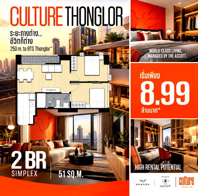 Condos for sale : Culture Thonglor project promotion, 2 bedrooms, 51 sq m., special price 8.99 million baht.