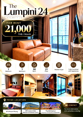 Condos for rent : The Lumpini 24 – Beautiful unit, convenient location near MRT and BTS.