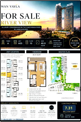 ขายคอนโด : ขายดาวน์ขายทุน !! โครงการ วัน เวลา ณ เจ้าพระยา ตำแหน่ง 10A05, ห้อง 1 bed ขนาด 46.80 ตรม. สัมผัสสายน้ำเจ้าพระยาแบบ Panorama กับโครงการระดับ Luxury