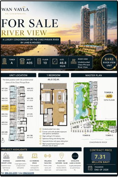 Selling down payment, selling capital!! Wan-Vayla Na Chao Phraya, location 10A05, size 46.80 sq m. Experience the Panorama of the Chao Phraya River 
