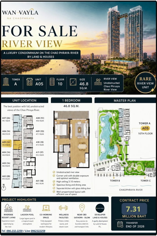 รูป ขายดาวน์ขายทุน !! โครงการ วัน เวลา ณ เจ้าพระยา ตำแหน่ง 10A05, ห้อง 1 bed ขนาด 46.80 ตรม. สัมผัสสายน้ำเจ้าพระยาแบบ Panorama กับโครงการระดับ Luxury - รูปที่ 1/11