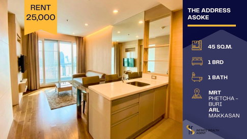 🏙️ Open city view! The Address Asoke | High floor 1 Bed 45 sqm island kitchen near MRT Phetchaburi 25k/mo • Available now Book a viewing!
