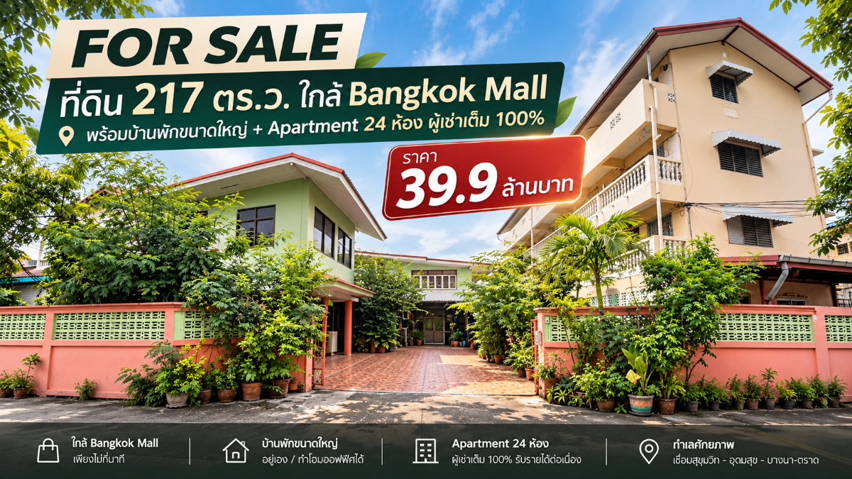 รูป ขาย บ้านพร้อมที่ดิน 217 ตร.วา และอพาร์ทเม้นท์ 24 ห้อง สุขุมวิท 103/2 ใกล้ Bangkok Mall สำหรับนักลงทุนที่ดินโซนอุดมสุข–บางนา - รูปที่ 1/21