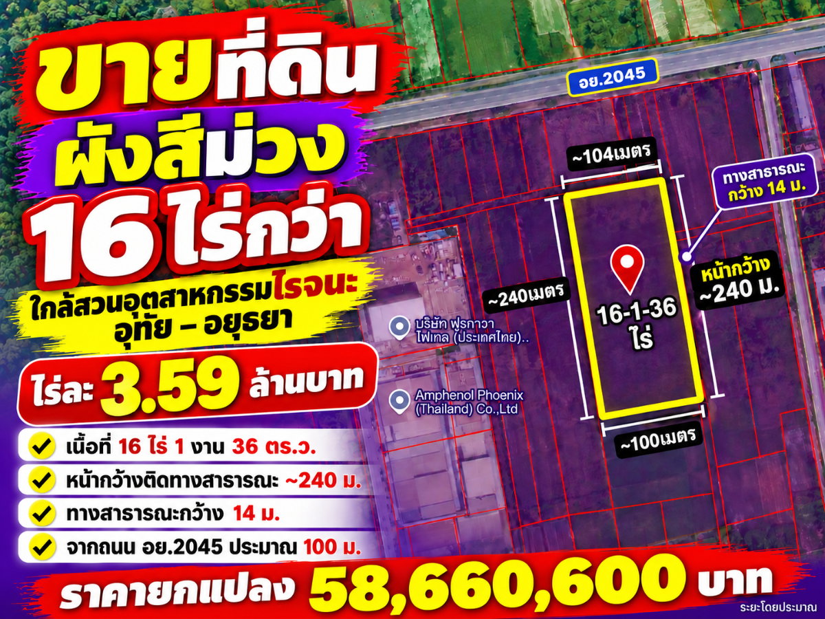 ขายที่ดินผังสีม่วง 16 ไร่กว่า ใกล้สวนอุตสาหกรรมโรจนะ อุทัย–อยุธยา
