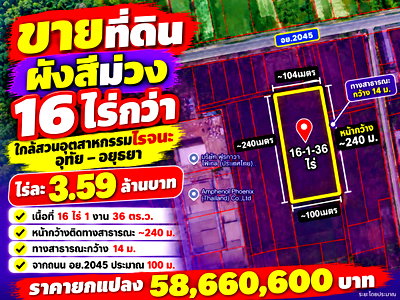 Land for sale : For Sale: Over 16 Rai of Purple-Zoned Land Near Rojana Industrial Park, Uthai, Ayutthaya