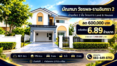บ้านเดี่ยว แจส กรีน วิลเลจ คู้บอน : ขายบ้านเดี่ยว รีโนเวทใหม่ มัณฑนา วัชรพล-รามอินทรา 2 Land & Houses เนื้อที่ 62.1 ตร.ว. 3 นอน 3 น้ำ 2 จอด ใกล้รถไฟฟ้าสายสีชมพู ลด 6 แสนบาท เหลือ 6.89 ลบ