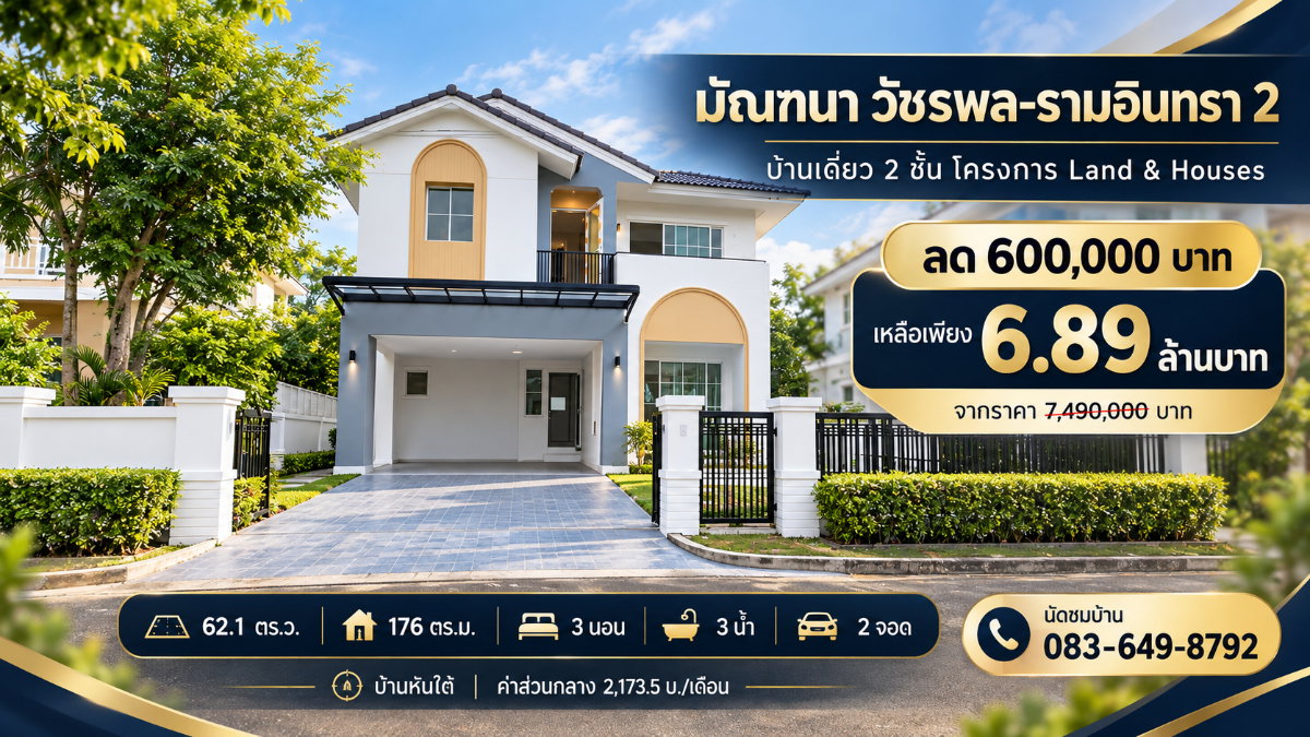 รูป ขายบ้านเดี่ยว รีโนเวทใหม่ มัณฑนา วัชรพล-รามอินทรา 2 Land & Houses เนื้อที่ 62.1 ตร.ว. 3 นอน 3 น้ำ 2 จอด ใกล้รถไฟฟ้าสายสีชมพู ลด 6 แสนบาท เหลือ 6.89 ลบ - รูปที่ 1/14
