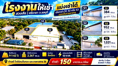 เช่าโรงงาน ม.เกษตรศาสตร์ ศรีราชา : ให้เช่าโกดัง/คลังสินค้า มีให้เลือกหลายขนาด ใกล้นิคมปิ่นทอง ศรีราชา