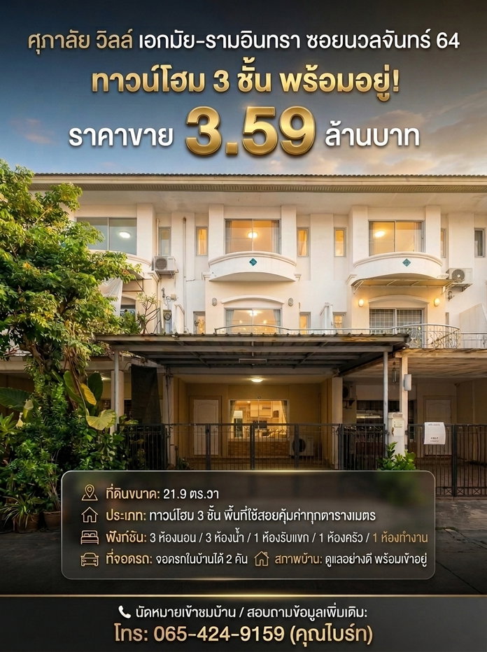 รูป 🏡 ทาวน์โฮม 3 ชั้น ศุภาลัย วิลล์ เอกมัย-รามอินทรา (ซอยนวลจันทร์ 64) - รูปที่ 1/7