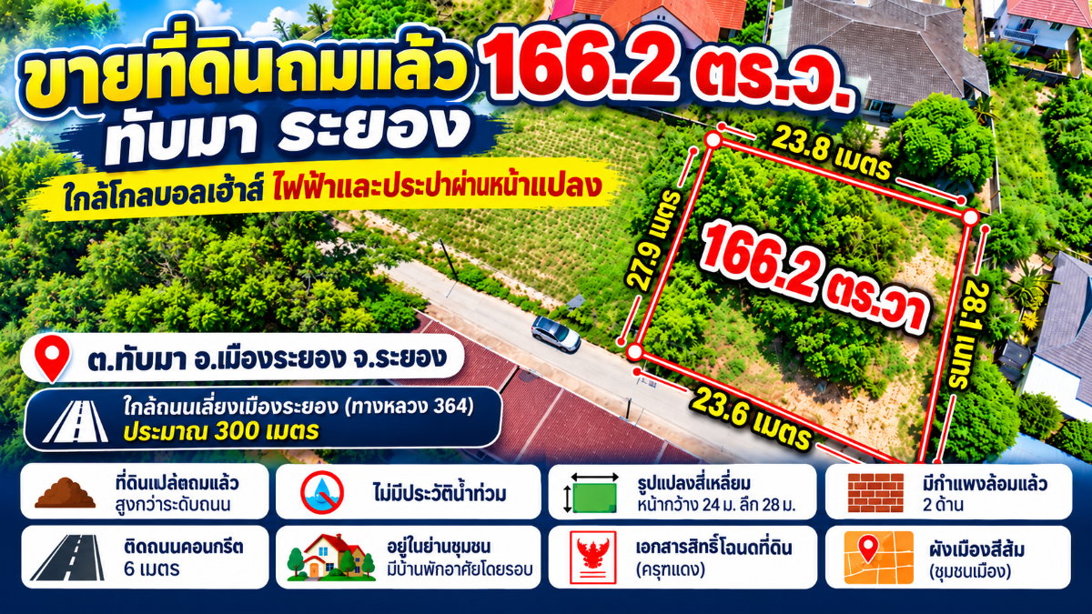 รูป ขายที่ดินถมแล้ว 166 ตร.ว. ทับมา ระยอง ใกล้โกลบอลเฮ้าส์ ไฟฟ้าและประปาผ่านหน้าแปลง - รูปที่ 1/18