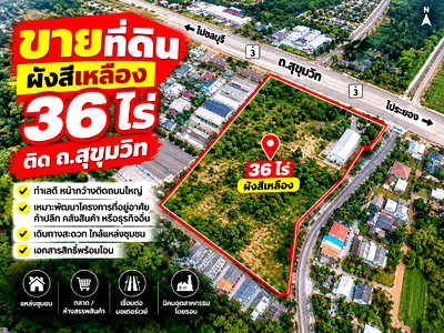 ที่ดิน เมืองระยอง ระยอง : แปลงใหญ่ หายาก  ขายที่ดินติดถนนสุขุมวิท มาบตาพุด 36 ไร่กว่า หน้ากว้าง 220 ม. ทำเลทองผังสีเหลือง พร้อมให้คุณต่อยอดโครงการเมกะโปรเจกต์ 