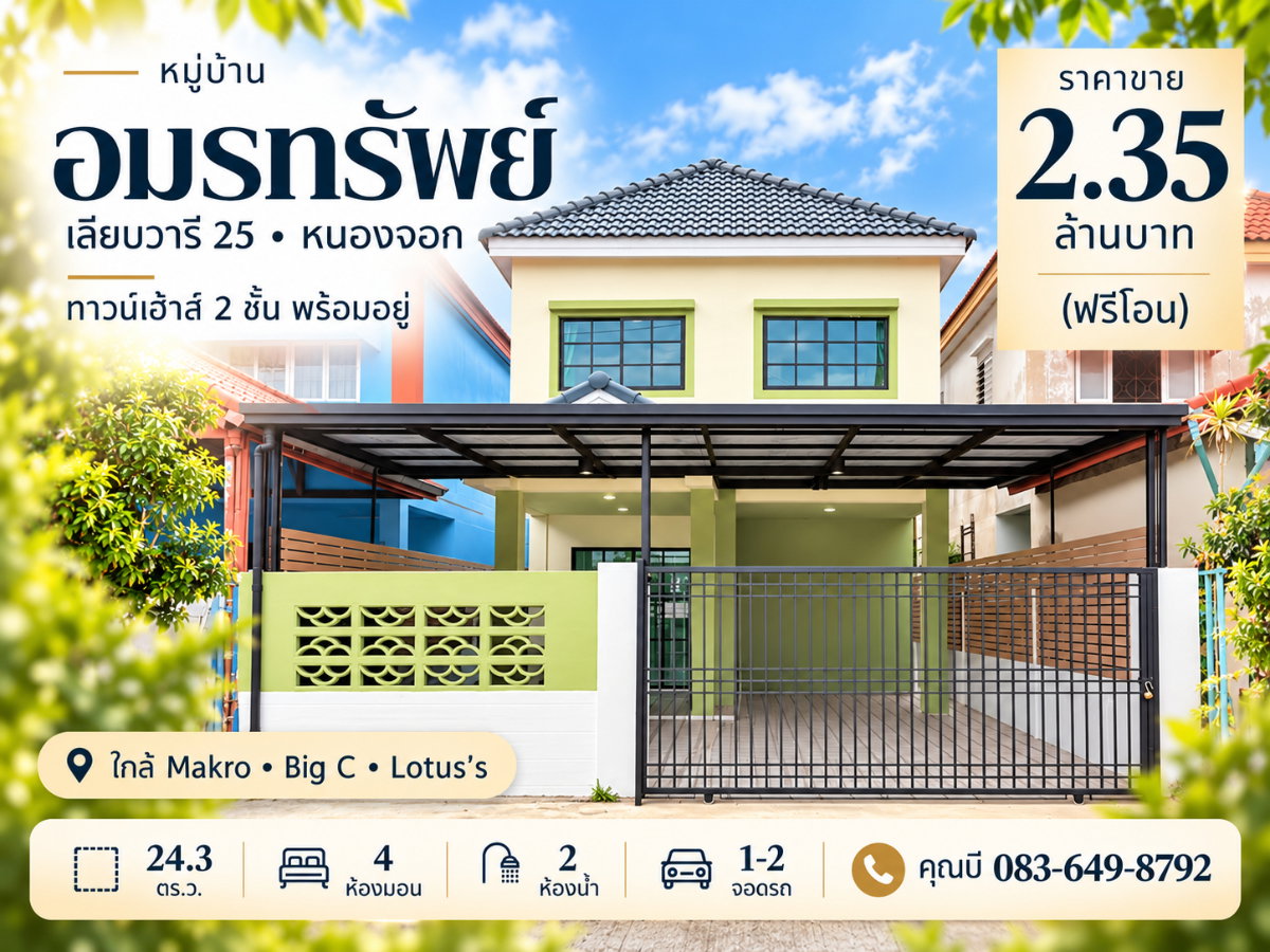 รูป ขายทาวน์เฮ้าส์ หมู่บ้านอมรทรัพย์ เลียบวารี 25 หนองจอก 24.3 ตร.ว. 4 ห้องนอน 2 ห้องน้ำ มีห้องนอนชั้นล่าง เฟอร์ครบ พร้อมอยู่ ฟรีโอน 2.35 ล้าน - รูปที่ 1/18