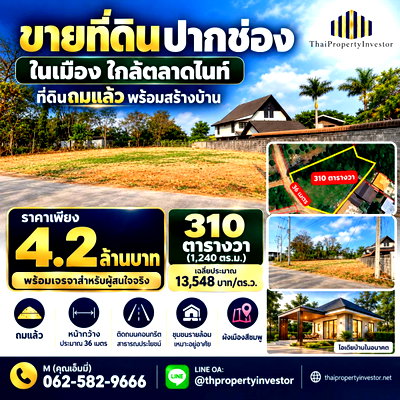 ที่ดิน ปากช่อง โคราช : ขายที่ดินปากช่อง ในเมือง ใกล้ตลาดไนท์ 310 ตร.ว. ถมแล้ว ผังสีชมพู | 4.2 ล้านบาท | #TPI-3530