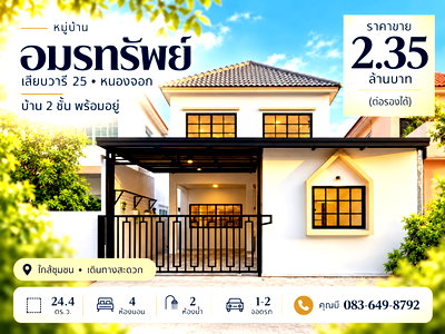 ทาวน์โฮม เขตหนองจอก : ขายบ้าน 2 ชั้น หมู่บ้านอมรทรัพย์ เลียบวารี 25 หนองจอก เนื้อที่ 24.4 ตร.ว. 4 ห้องนอน 2 ห้องน้ำ จอดรถ 1-2 คัน หลังบ้านโล่ง ราคา 2.35 ล้าน