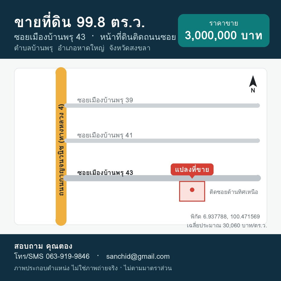 รูป ขายที่ดิน 99.8 ตร.ว. ซอยเมืองบ้านพรุ 43 หาดใหญ่ ติดถนนซอย ใกล้ถนนกาญจนวนิช - รูปที่ 1/1