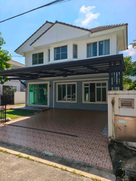 Detached house for rent at Pruklada 2, Rangsit-Khlong 4. 58 sq. wah, 3 bedrooms, 2 bathrooms, 2 parking spaces. Rent: 16,000 THB/month.