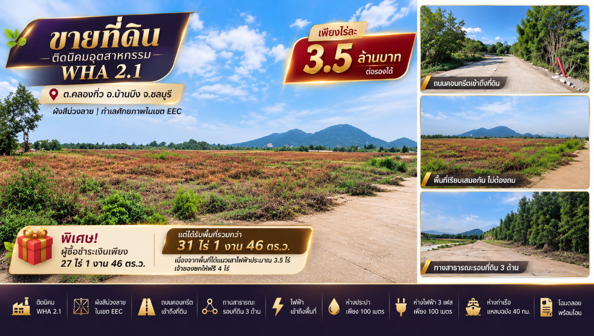 รูป ขายที่ดินติดนิคมอุตสาหกรรม WHA 2.1 31 ไร่กว่า บ้านบึง ชลบุรี - รูปที่ 1/9