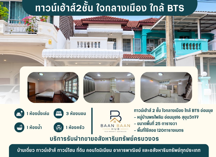 รูป ทาวน์เฮ้าส์2ชั้น หมู่บ้านพรไพลิน ใจกลางเมือง ใกล้ BTS อ่อนนุช - รูปที่ 1/15
